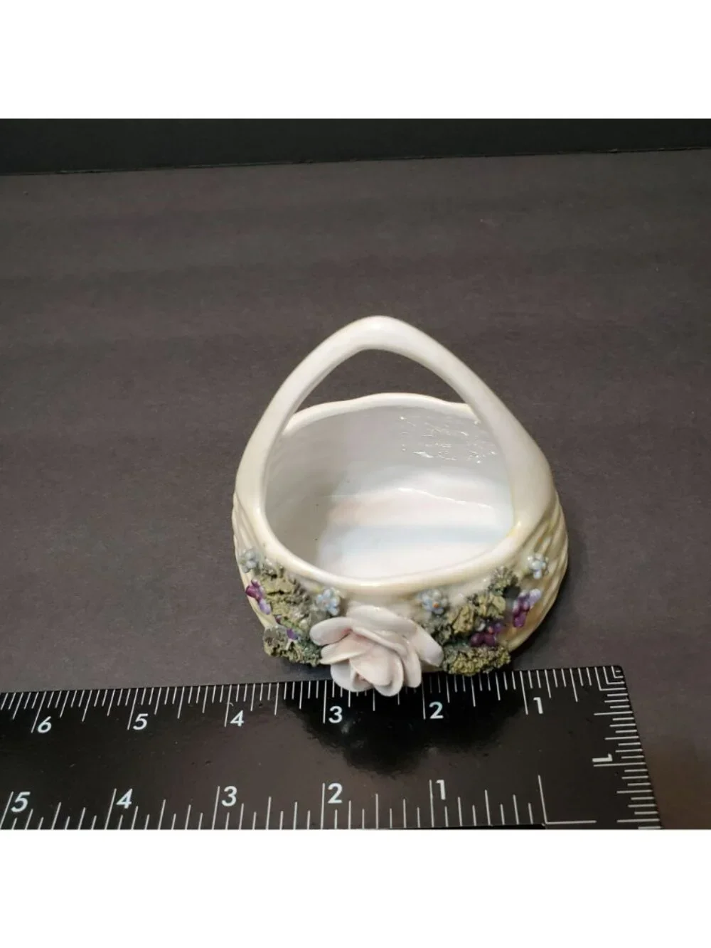 Vintage German Elfinware Porcelain Basket Mossware Miniature Floral Trinket Dish